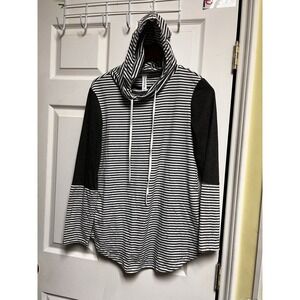 Tickled Teal Womens Small Gray White Striped Colorblock Hooded Cowl Neck Top